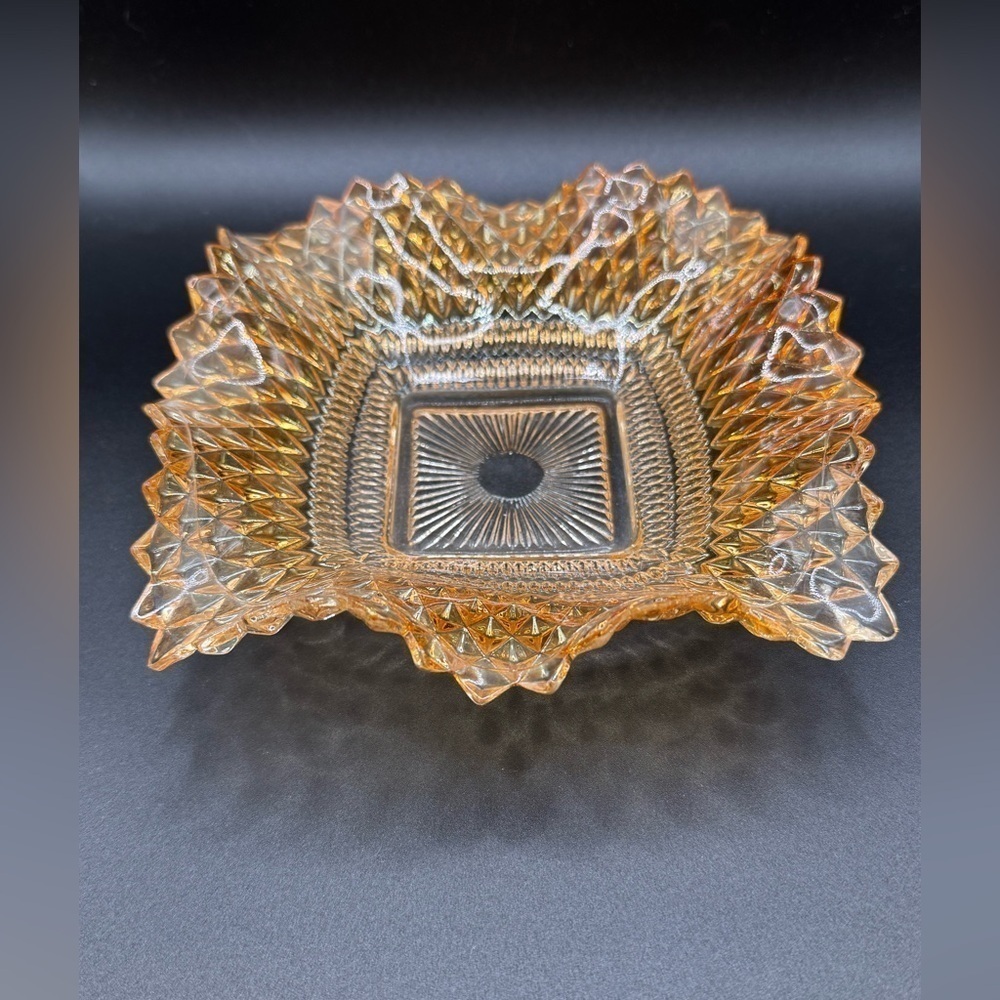 Vtg ‘60s Glass Diamond Block Ruffled Trinket Candy Nut Dish Amber Gold Ashtray